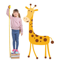 Fototapeta na wymiar Little girl measuring height and drawing of giraffe on white background
