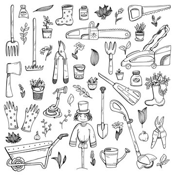 A set of hand-drawn doodles about a country house, garden equipment, and growing vegetables. Black-and-white