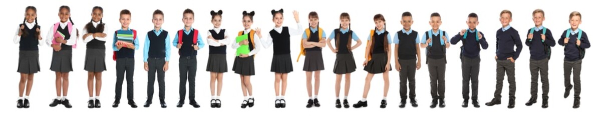 Children in school uniforms on white background. Banner design - Powered by Adobe