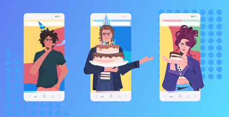 people celebrating online party mix race friends having virtual fun celebration concept smartphone screen mobile app horizontal portrait vector illustration