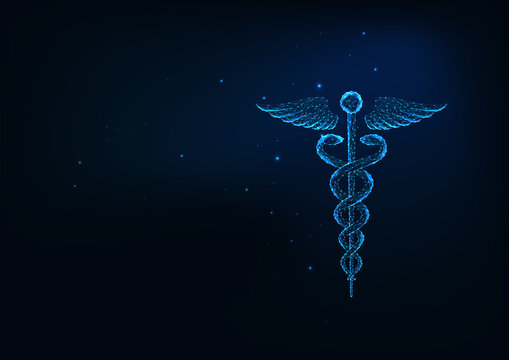 Futuristic glowing low polygonal Caduceus medical symbol on dark blue background.