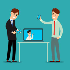Two businessman working in office showing information on the smartphone screen. Manager in touch with colleagues on a laptop screen. Using phone in business communication. Flat isolated illustration