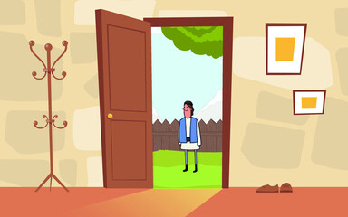 vector graphic is a room with the door open, next to the door stands a pair of shoes a hanger on the wall are paintings in the background is the fence and fir trees, next to the door stands a boy.