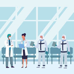 group of doctors wearing medical masks inside of waitroom