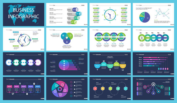 Business inforgraphic design set for management concept. Can be used for business project, annual report, web design. Process chart, option chart, scatter plot, pie chart, flowchart, donut diagram
