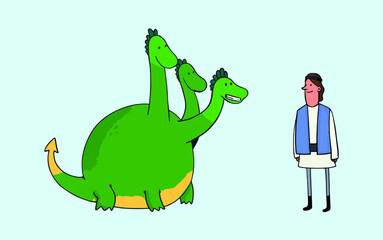 Obraz premium In this vector graphic is a three-headed dragon and a boy looking at the dragon,vector,cartoon.