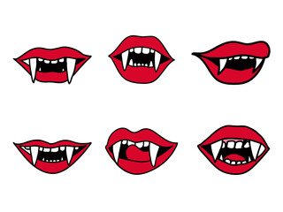 Set of vampire fangs for Halloween. Woman red lips vector illustration. Scary Dracula teeth stickers.