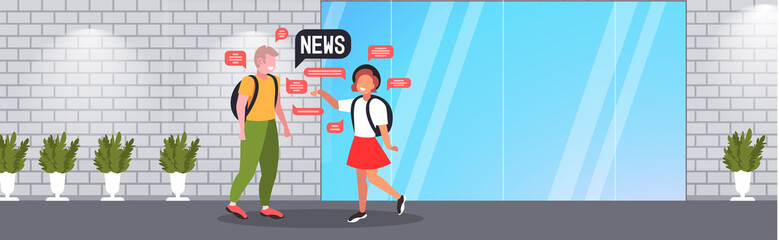 schoolchildren couple chatting during meeting discussing daily news chat bubble communication concept horizontal full length vector illustration