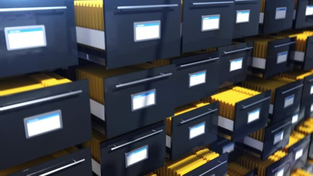 Paper drawers opening and closing, archive, library, data preservation, bureau. Searching through archive folders
