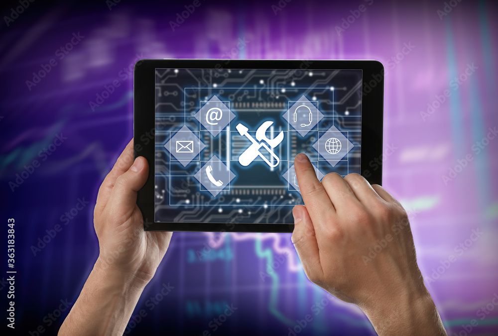Aufkleber man using tablet on color background, closeup. technical support