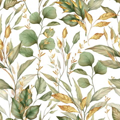 Seamless floral pattern with green and gold leaves on white background