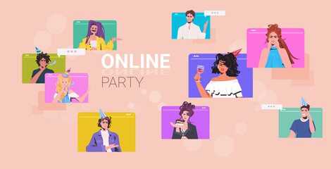 set people celebrating birthday party mix race men women having fun celebration concept web browser windows collection portrait horizontal vector illustration