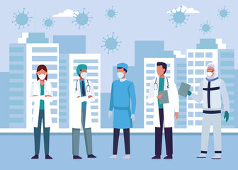 group of doctors wearing medical masks on the city