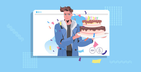 man celebrating online party guy in web browser window holding birthday cake celebration concept portrait horizontal vector illustration