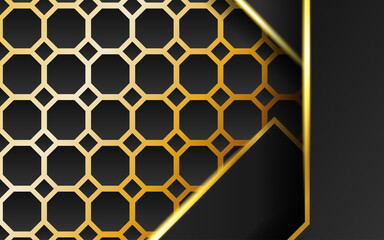 modern premium technology dark abstract background banner, with gold line and golden rays, overlap layer in paper effect on textured gold hexagon background.vector illustration.