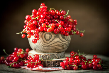 Fresh red currants in plate on dark rustic wooden table. Background with copy space. Selective focus.