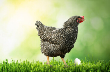 Beautiful chicken and egg on green grass