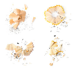 Pencil shavings on white background, top view