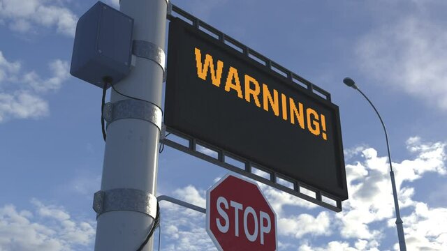 Warning, road work ahead, road sign with running text, traffic restrictions. Overhead freeway sign, animation