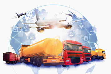 Logistics concept. Multiple exposure of different transports and world globe