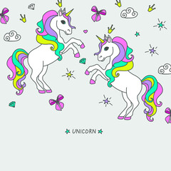 Vector cartoon cute unicorns with , clouds and stars, greeting card.