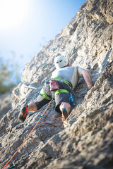 Climber training on a rock wall