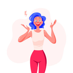 Young lady scared cartoon character portrait isolated on white background. Horror, stress, fear concept. Vector flat illustration.