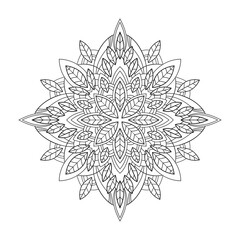 Abstract floral mandala with leaf and  middle pattern on white isolated background. For coloring book pages.