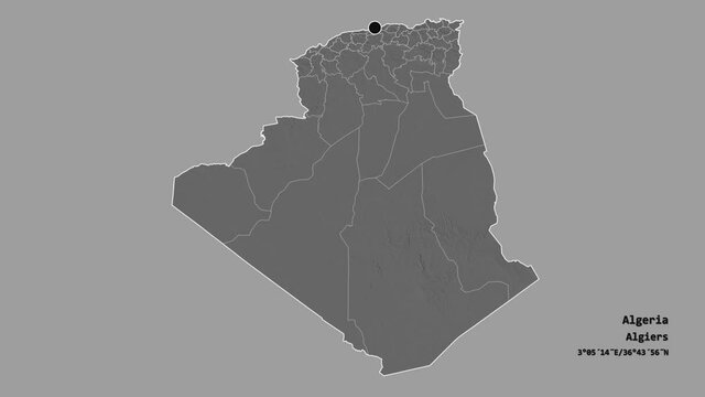 Chlef, province of Algeria, with its capital, localized, outlined and zoomed with informative overlays on a bilevel map in the Stereographic projection. Animation 3D