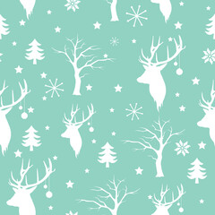Christmas seamless pattern with deers, stars, snowflakes, trees