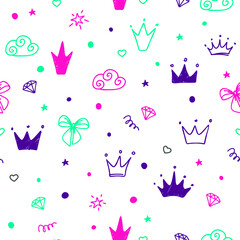 Hand drawn seamless pattern with doodle colored crowns. Cute baby and little princess design.