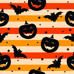 Seamless Halloween Pattern with Bats, Pumpkins jack  and Stars on a striped background.