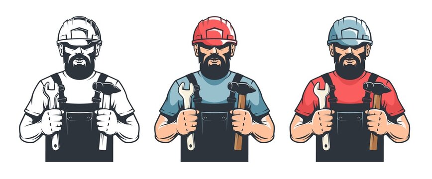 Worker in hard hat mechanic holds hammer and spanner - vintage illustration. DIY man with tools - retro style. Vector illustration.