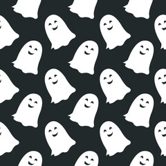 A seamless halloween pattern with ghosts on a black background.