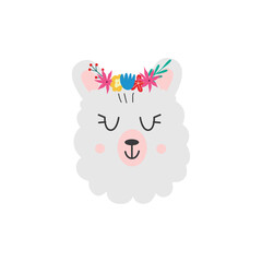 Fototapeta premium Llama or alpaca head in flower wreath icon flat vector illustration isolated.