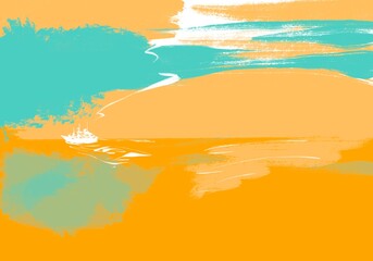 Fototapeta na wymiar Sunny orange day white ship minimal illustration.