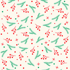 Seamless Christmas pattern with snowflakes and berries, spruce branches.
