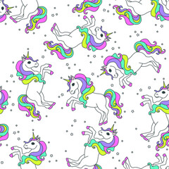 Seamless pattern with unicorns and stars. Baby background.