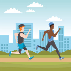 young men running athletes on the city