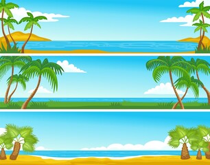 Fototapeta na wymiar Summer sea shore beach backgrounds set with palms flat vector illustration.