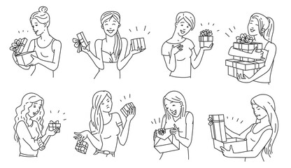 Women receiving gifts, cartoon vector illustrations set in line art isolated.