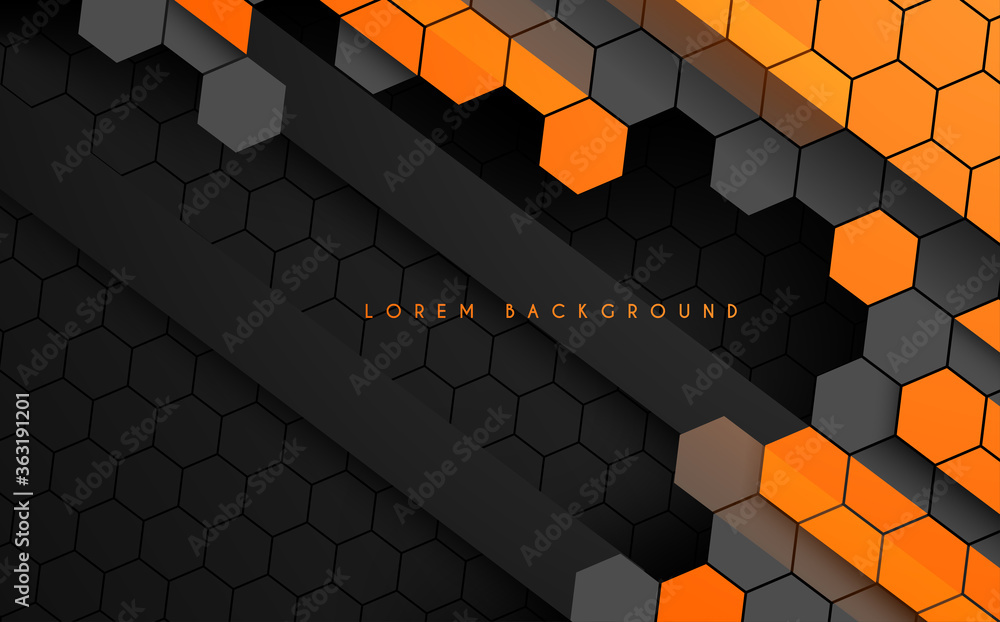 Wall mural abstract hexagonal black and orange color technology background