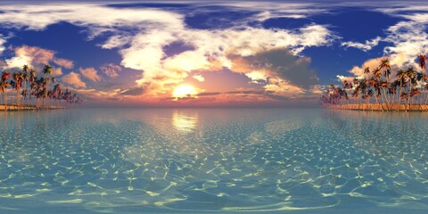 panorama of palm trees in a row at sunset. HDRI, environment map , Round panorama, spherical panorama, equidistant projection, panorama 360, seascape, 3d rendering © ustas