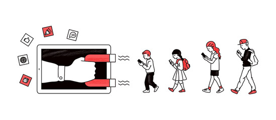 Inbound digital marketing banner - magnet pulling cartoon children