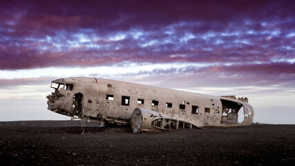 Old crashed military plane in a desert in Iceland