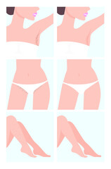 Set with the image of a girl on body care, depilation procedure before and after hair removal