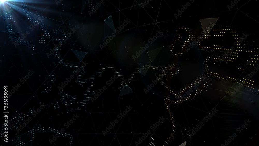 Poster abstract futuristic - linear and polygonal pattern shapes on dark blue background. 3d illustration.