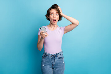 Photo of astonished addicted girl use smartphone read unbelievable social media information...