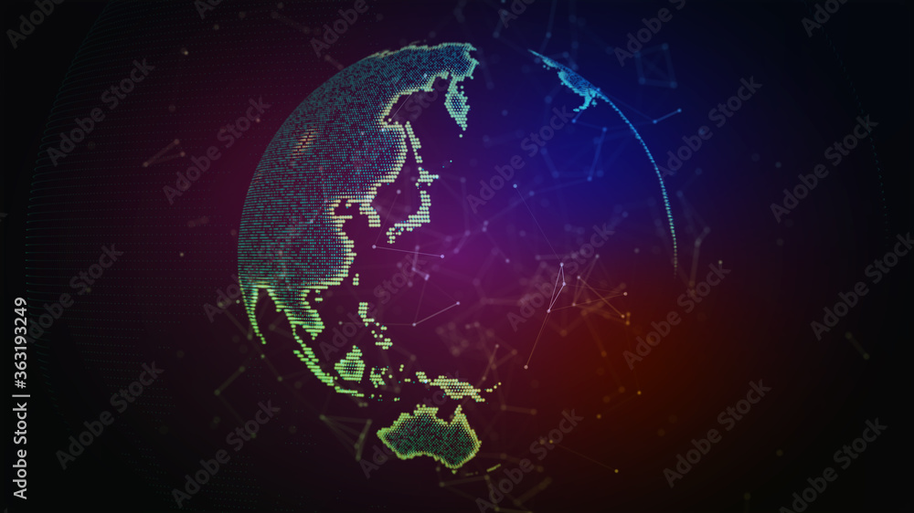Wall mural connection lines around earth globe. background with light effect. global international connectivity