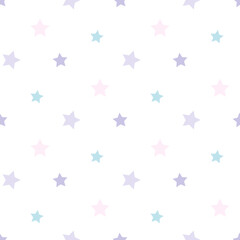 Fototapeta na wymiar Seamless pattern with simple pastel violet, pink and blue stars on white background. Vector image.